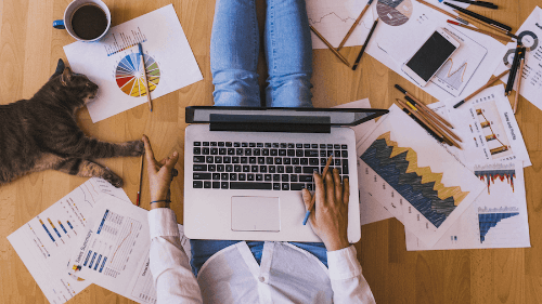 A person working from home, surrounded by documents, coffee and their cat