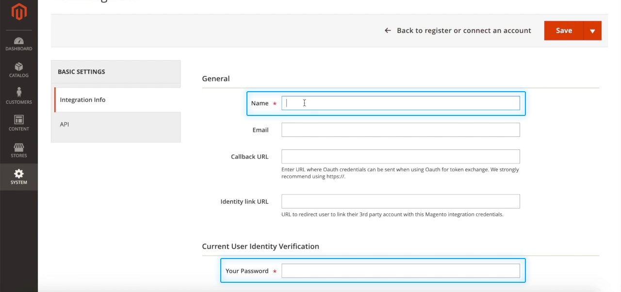 Name field and password