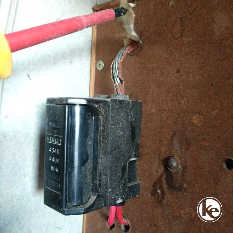 Damaged mains cable in switchboard