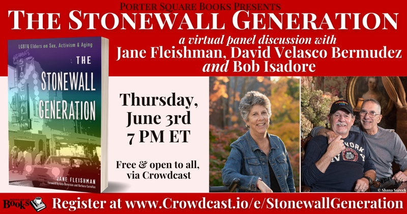 The Stonewall Generation book cover displayed with the author, Jane Fleishman, a smiling older white woman, and husbands David Velasco Bermudez and Bob Isadore, two older white men smiling and holding hands.