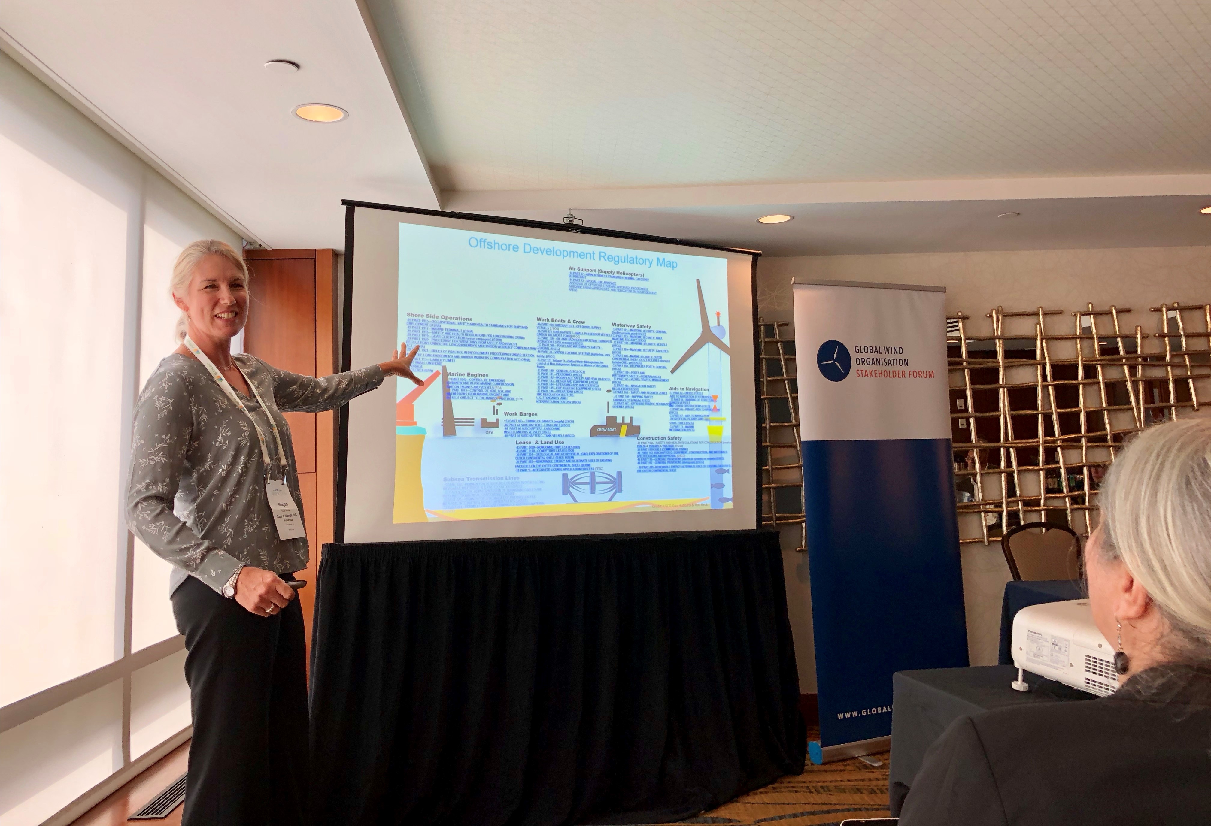 Self-Reliance Corporation's Megan Amsler uses an illustration to help explain US offshore wind development regulations