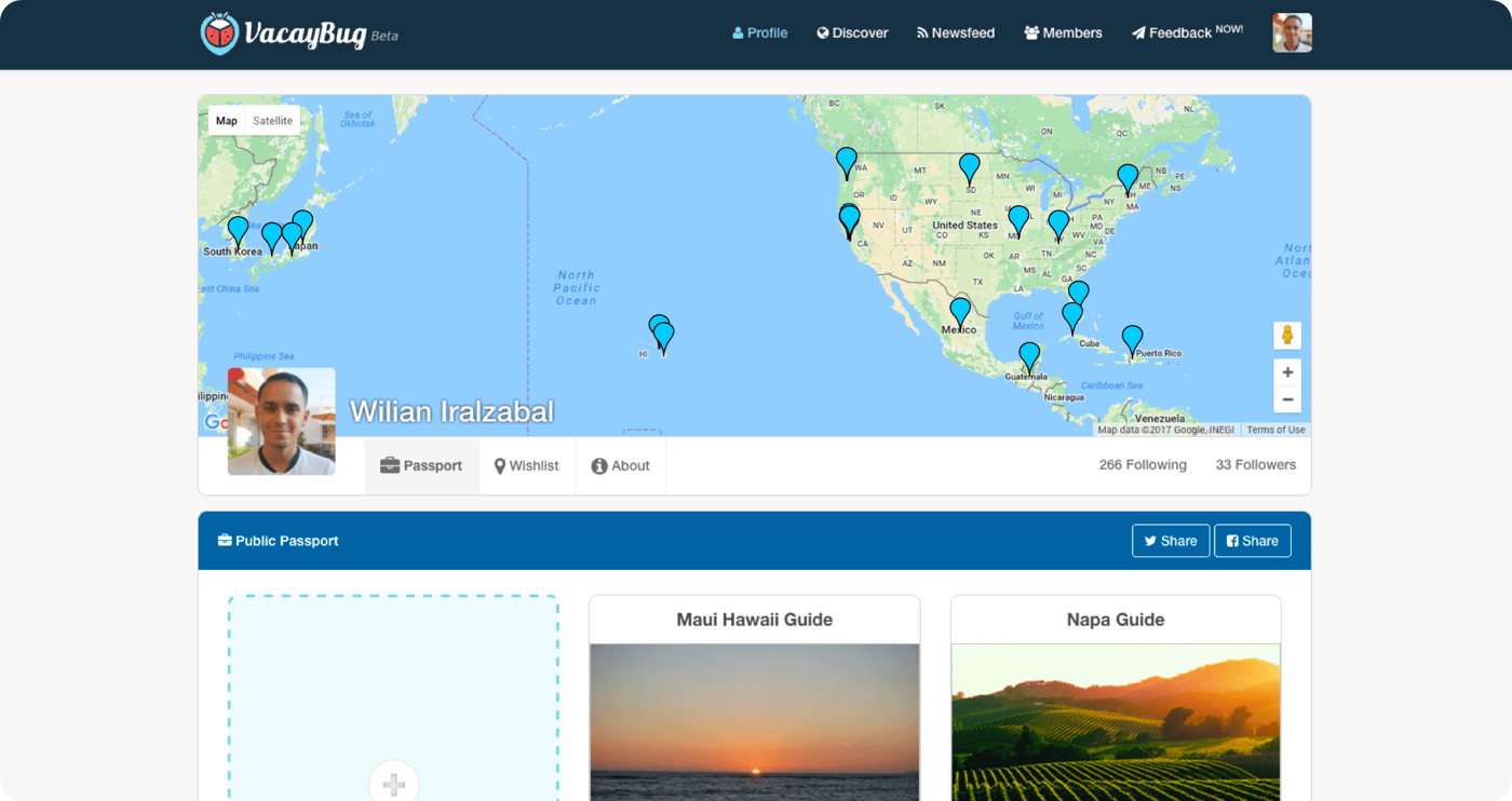 VacayBug - personal profile page