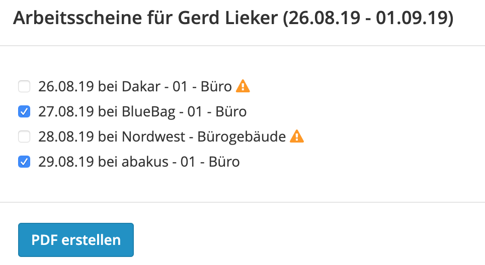 Arbeitsscheine auswählen