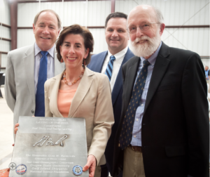 Rhode Island Gov. Gina Raimondo is joined by URI president David Dooley, GSO Dean Bruce Corliss and chair of the Rhode Island Council on Postsecondary Education Timothy DelGiudice at the May 7, 2019 Resolution keel laying ceremony in Houma, La. Crystal Sanderson photo