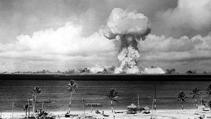 The atomic blast of the "Able" nuclear test at the Bikini atoll.