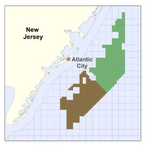 Ørsted plans to develop offshore wind power on a federal lease off New Jersey (brown shading) while EDF and Shell have acquired an adjoining lease from US Wind. BOEM image.