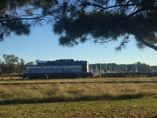 A Bay Coast Railroad engine sits on the tracks in Cape Charles, Virginia on Friday, Oct. 19, 2018.