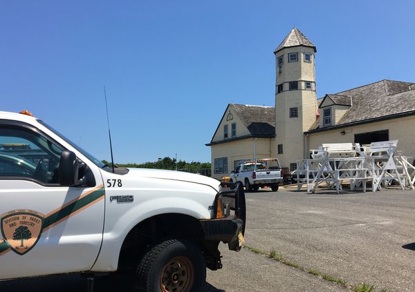 Among the buildings that both predate and survive the Borough of Island Beach's existence from 1933-65 is this 1898 boat house for the United States Lifesaving Service, a precursor to the U.S. Coast Guard. The building is now used as a maintenance facility for the State Division of Parks and Forestry, which operates Island Beach State Park.