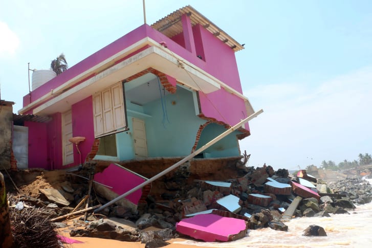 Beach erosion along the Kerala coast is forcing residents to seek shelter elsewhere. Photo courtesy of Kadapuram News.