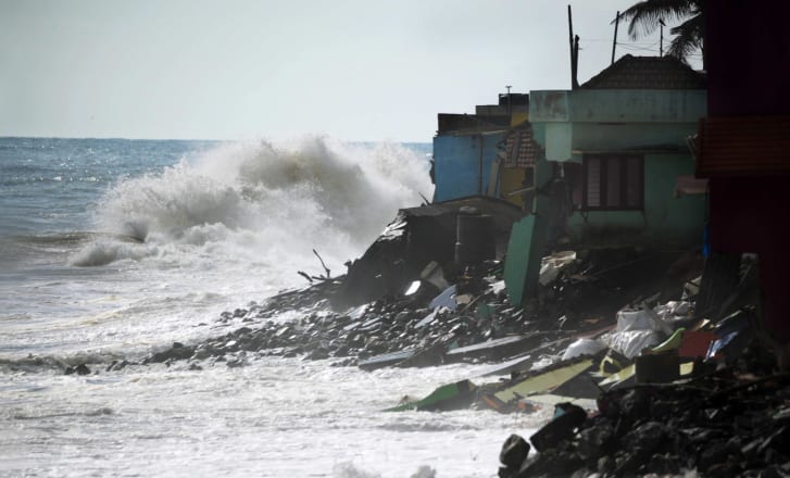 The sea is threatening homes along the Indian coast. This is a recent image of damage at Valiyathura, Thiruvananthapuram in Kerala, courtesy of Kadapuram News.