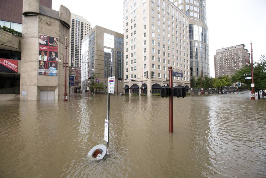 Houston's Theater District flooded in August 2017 during Hurricane Harvey after a bayou jumped its banks.