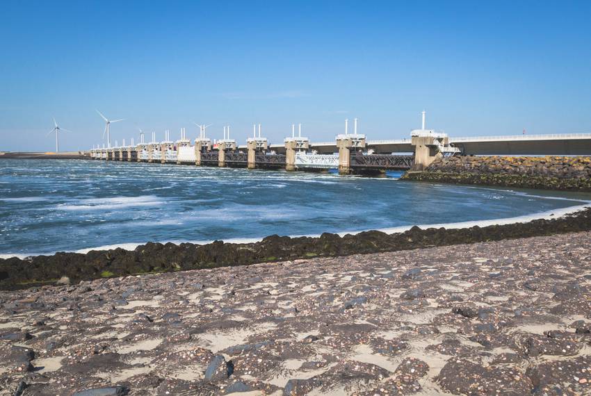 The 33-year-old Eastern Scheldt Barrier, made up of 65 giant pillars separated by vertical gates, is the largest of the Delta Works projects. It was designed to withstand a flood that occurs once every 4,000 years.