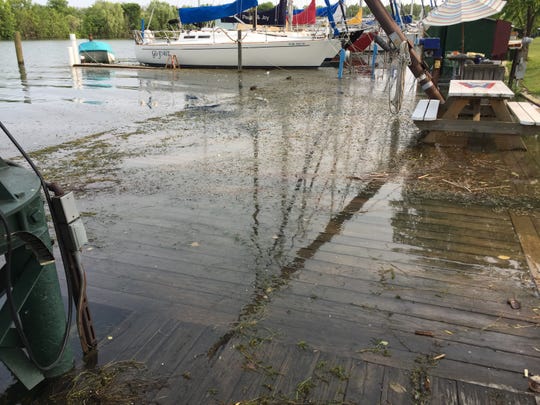 High water is partially covering docks at the Detroit Yacht Club on Belle Isle in this July 8, 2019 photo.