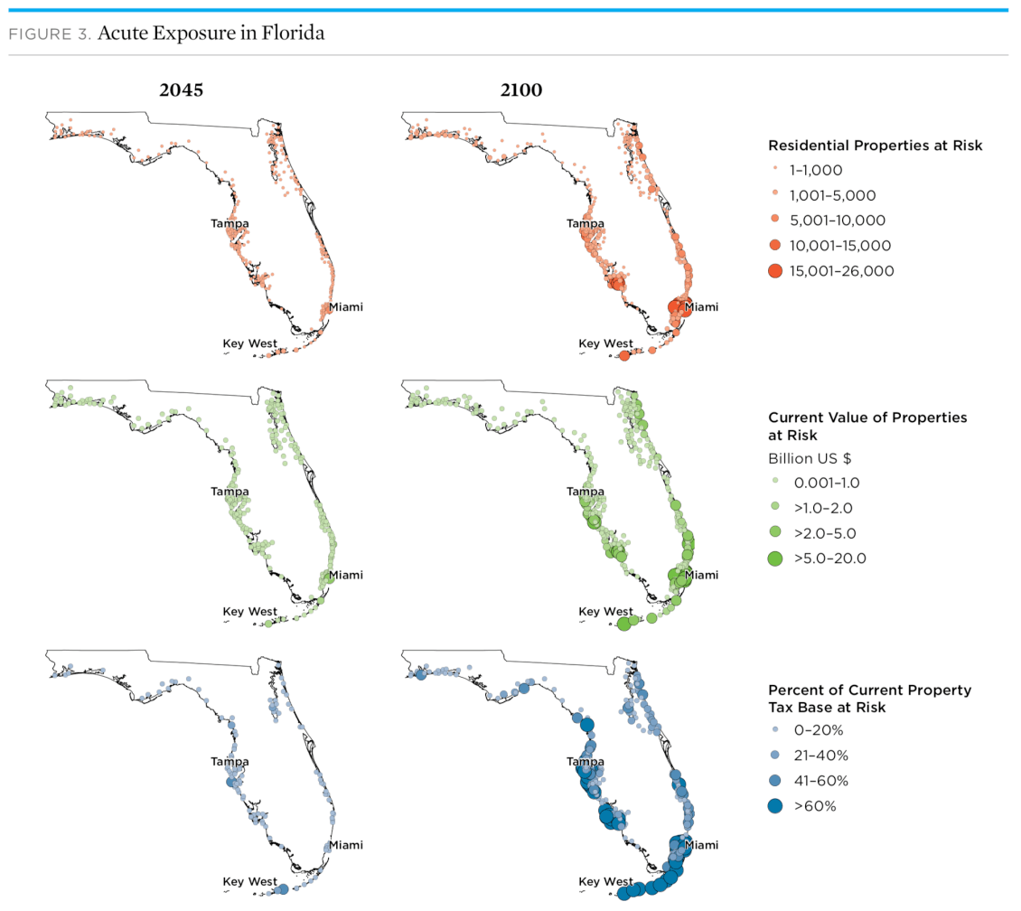 Maps showing the coastal areas of Florida at risk from sea level rise by 2045 and 2100