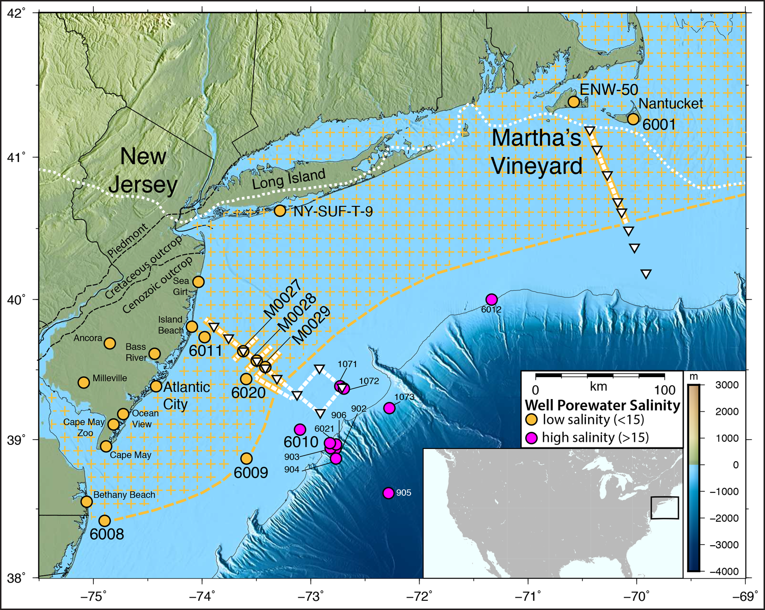 Map of the U.S. East Coast showing two transect lines where a team imaged under the seafloor and found pockets of fresh water that may be connected into a huge aquifer system