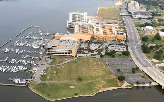 An aerial view of the Biloxi Harbor behind the Golden Nugget Casino. The Mississippi gubernatorial candidates weighed in on the impacts of climate change in the state, including sea level rise.