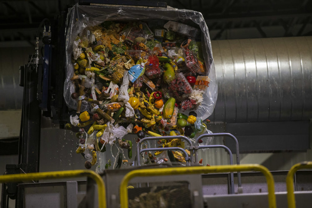 A bin of expired food from area Stop & Shop stores is poured into the anaerobic digester at the Stop & Shop Distribution Center in Freetown. (Jesse Costa/WBUR)