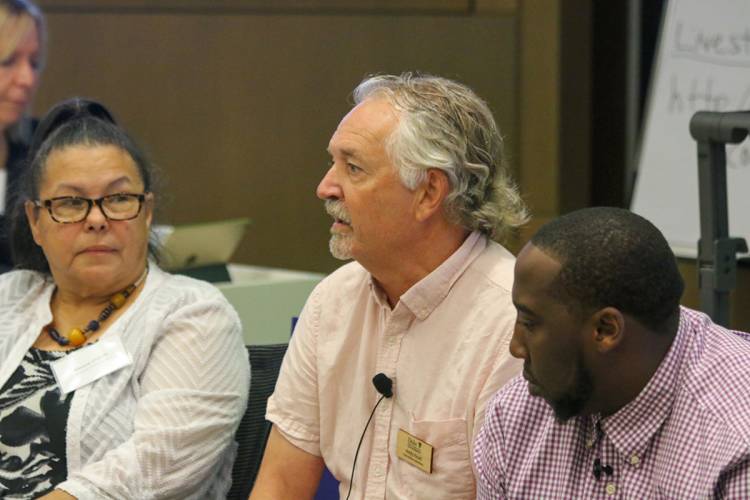 Marine Lab Director Andy Read talked about the lasting legacies of Florence in affected communities. Community activists Donna Chavis and Cedric Harrison also spoke. Photo by