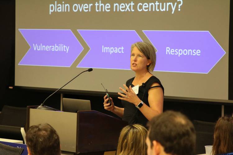 Duke ecosystem ecologist Emily Bernhardt spoke about ghost forests, which are being caused by salt water intrusion along the coast. Photo by Sergio Tovar