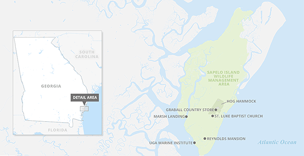 Map of Sapelo Island Georgia. Map credit: Claudine Hellmuth/E&E News; Snazzy maps/© 2018 Google (base map)