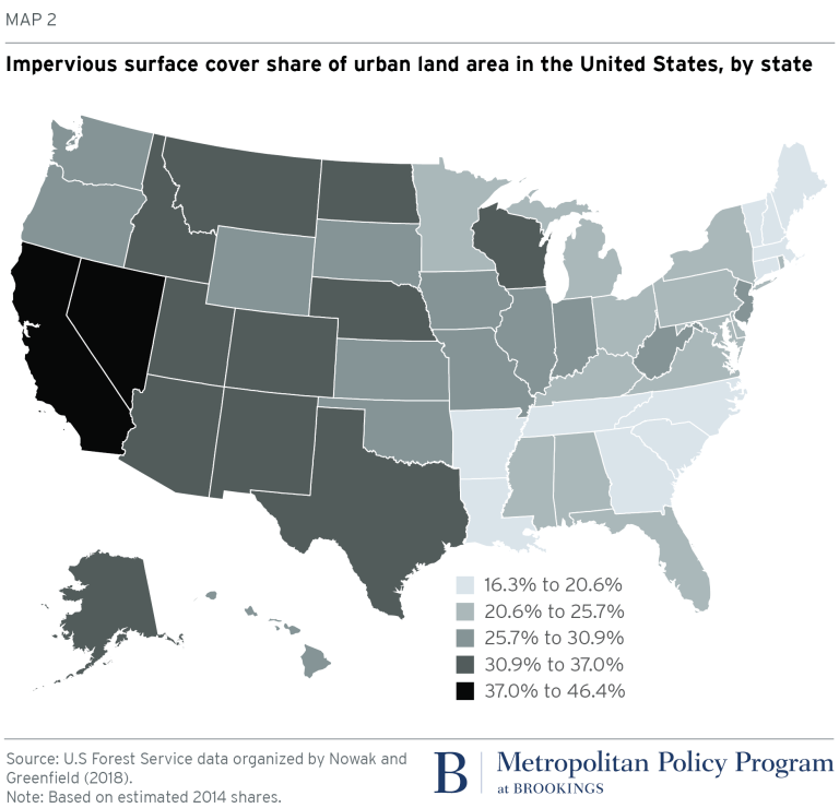 Map: Impervious surface cover share of urban land area in the U.S.