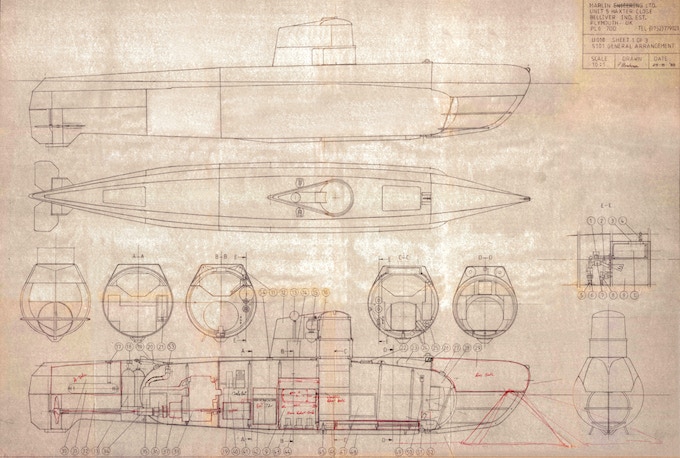 Original 1988 hand-drawn blueprints for the S-101 Marlin Submersible