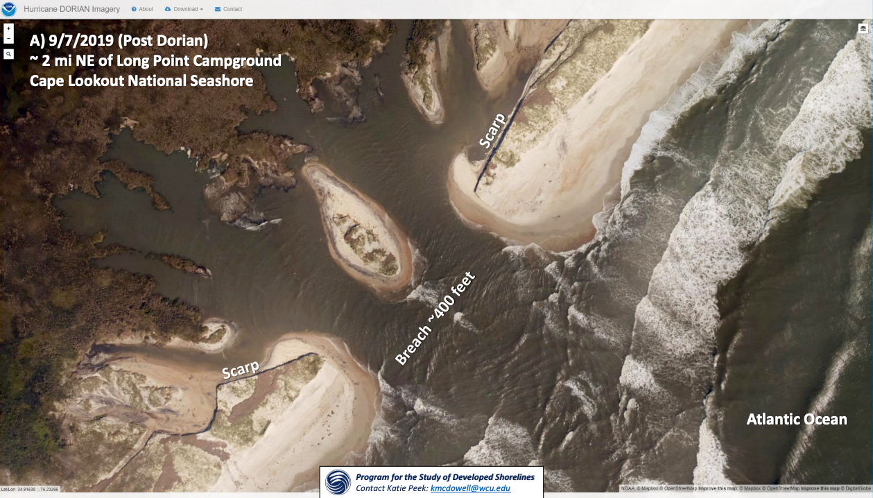 One of the larger breaches Dorian cut into Cape Lookout National Seashore/Western Carolina University
