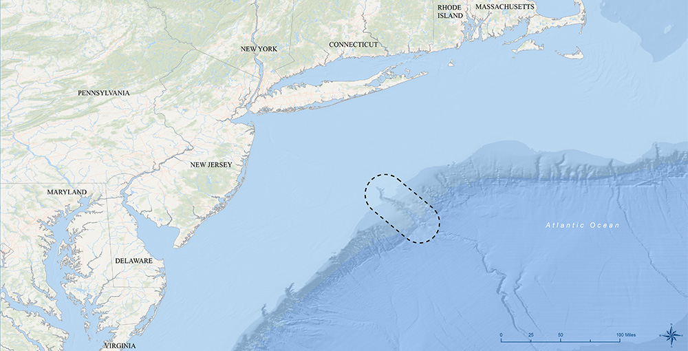 map of the northeast coast of the united states depicting the boundary for the proposed hudson canyon national marine sanctuary in the atlantic ocean