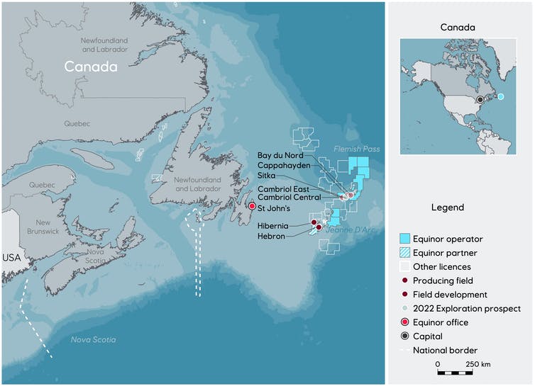 A map showing various oil deposits offshore of Newfoundland and Labrador.