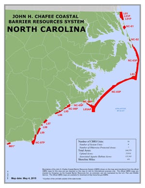 North Carolina has 16 CBRA zones, about half of which are federal or state protected areas, like parks.