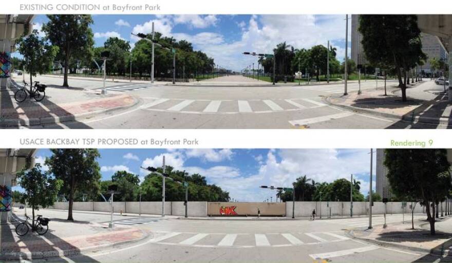 A rendering depicting what the Army Corps of Engineers’ proposed 10-foot high flood walls and doors designed to protect downtown Miami from storm-surge flooding might look like at Bayfront Park. The doors would be closed ahead of storms and open otherwise. Curtis + Rogers Design Studio and the Miami DDA