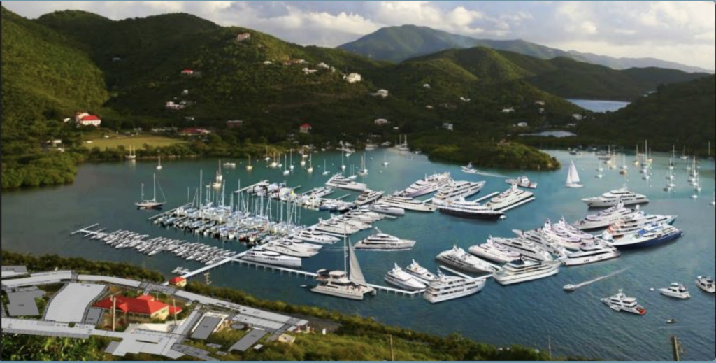 This rendering shows the full extent of the Summer’s End marina proposed for Coral Bay harbor. ( Rendering produced by Daniel Pinto for Save Coral Bay)