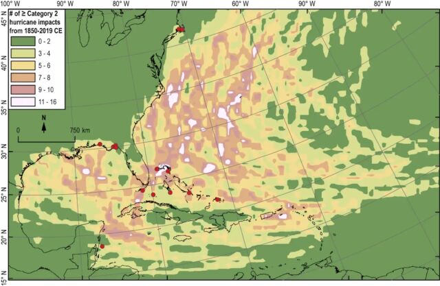 The red dots show the sites of high-resolution paleohurricane records. The map shows the frequency of hurricanes ranked Category 2 or above from 1850 to 2019.