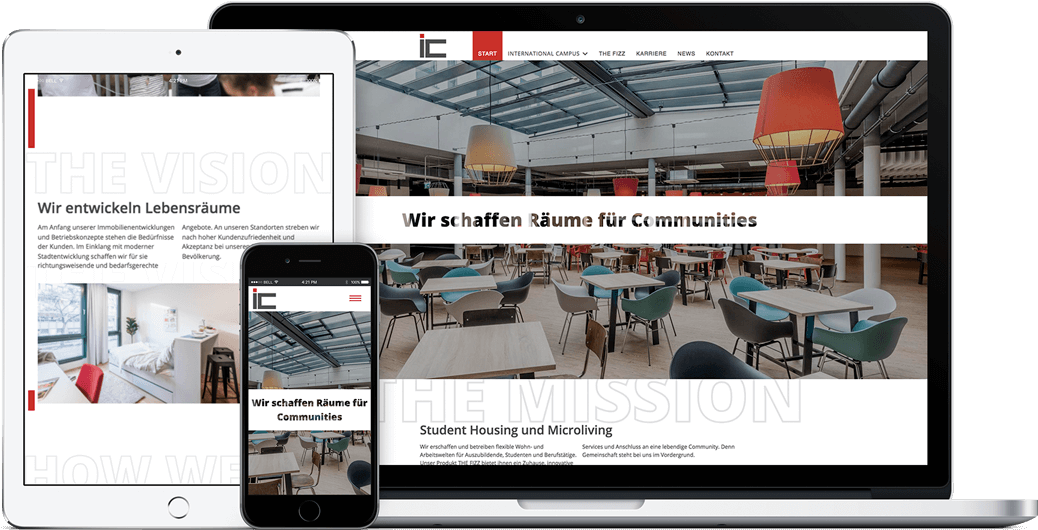 International Campus Webseite auf dem iPad, iPhone und MacBook