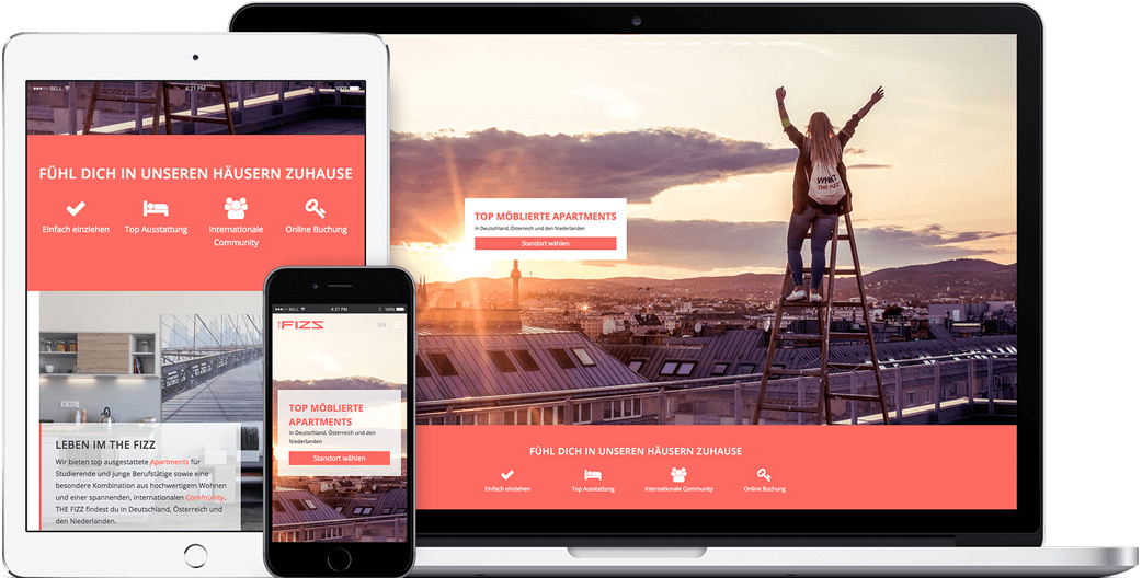 Vorschau der THE FIZZ Webseite auf dem iPad, iPhone und MacBook