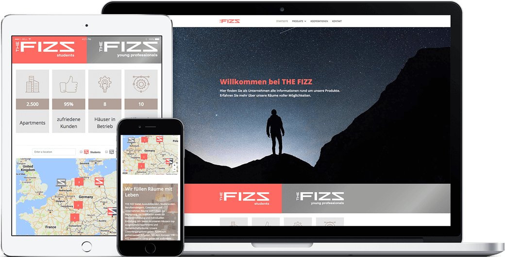 Vorschau der THE FIZZ business Webseite auf dem iPad, iPhone und MacBook