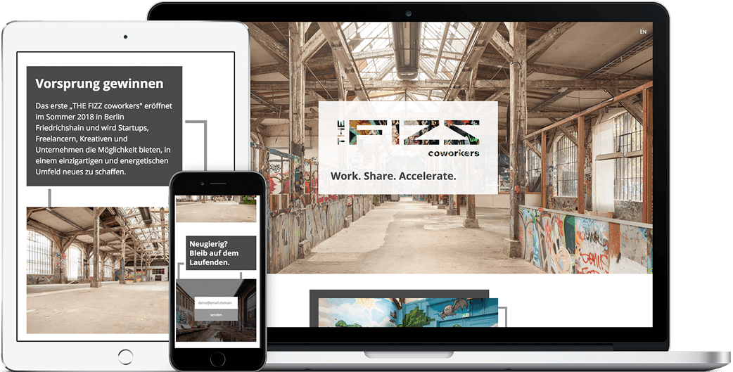 Vorschau der THE FIZZ coworkers Webseite auf dem iPad, iPhone und MacBook