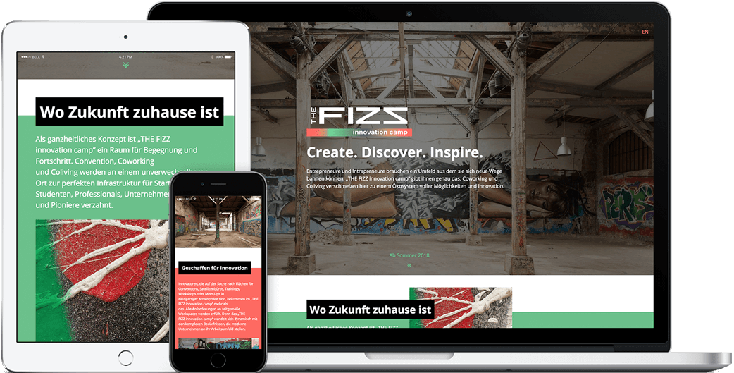 Vorschau der THE FIZZ innovation camp Webseite auf dem iPad, iPhone und MacBook