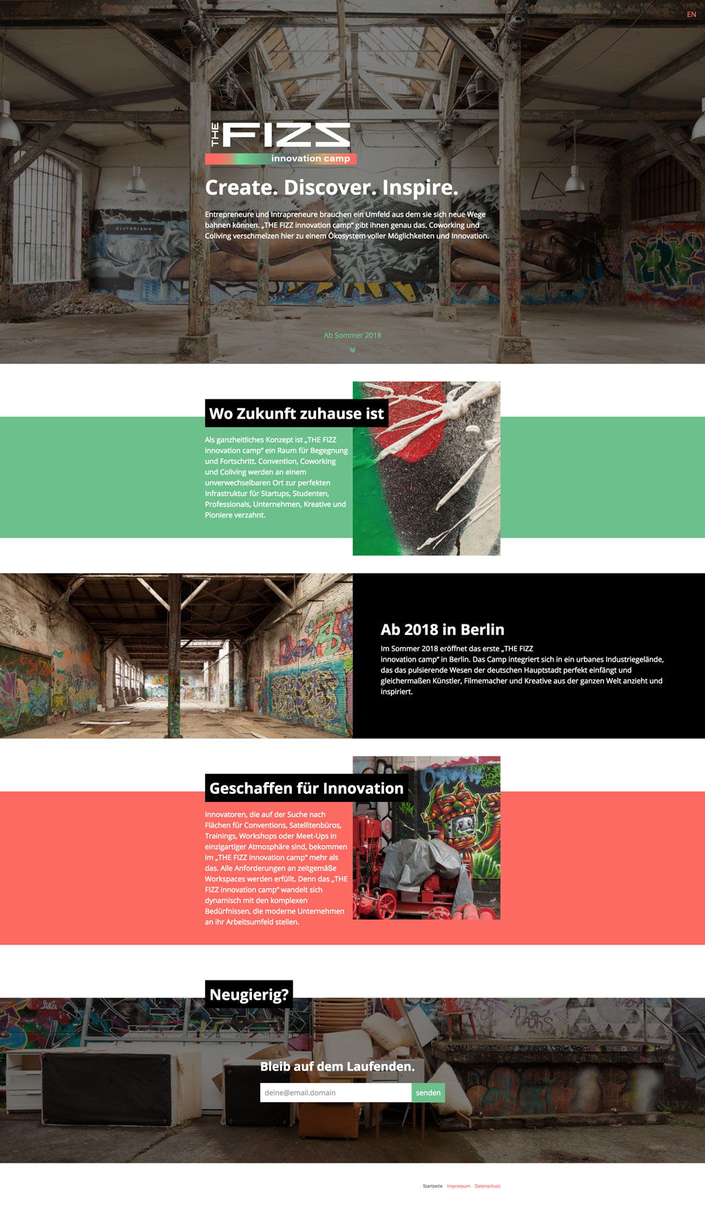 Komplettes Layout der THE FIZZ innovation camp Webseite