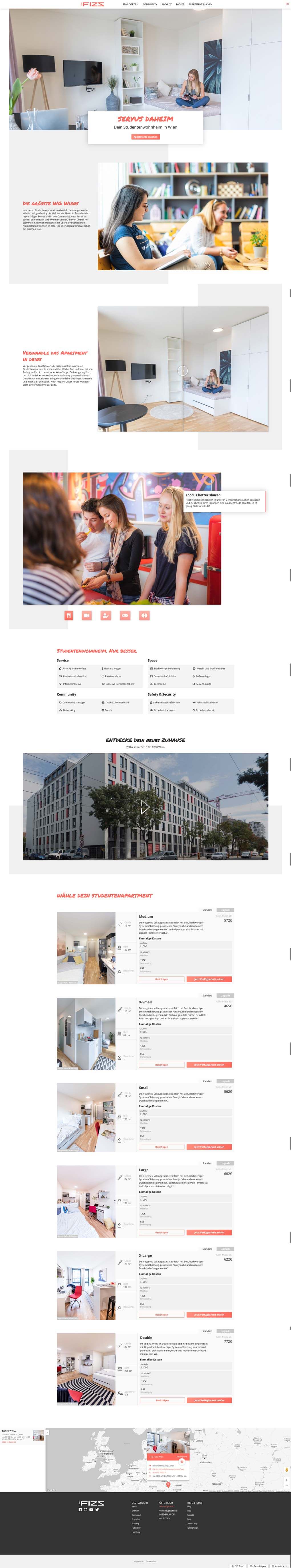Komplettes Layout einer Standortseite von THE FIZZ in der Desktopansicht