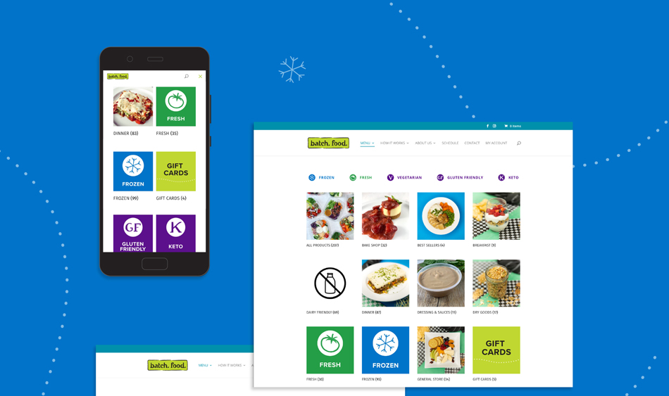 A mobile phone and a desktop screenshot of the Batch website, showing how icons for "Frozen", "Fresh" and special diets like "Vegetarian are used on different web pages. These images sit on a blue background.