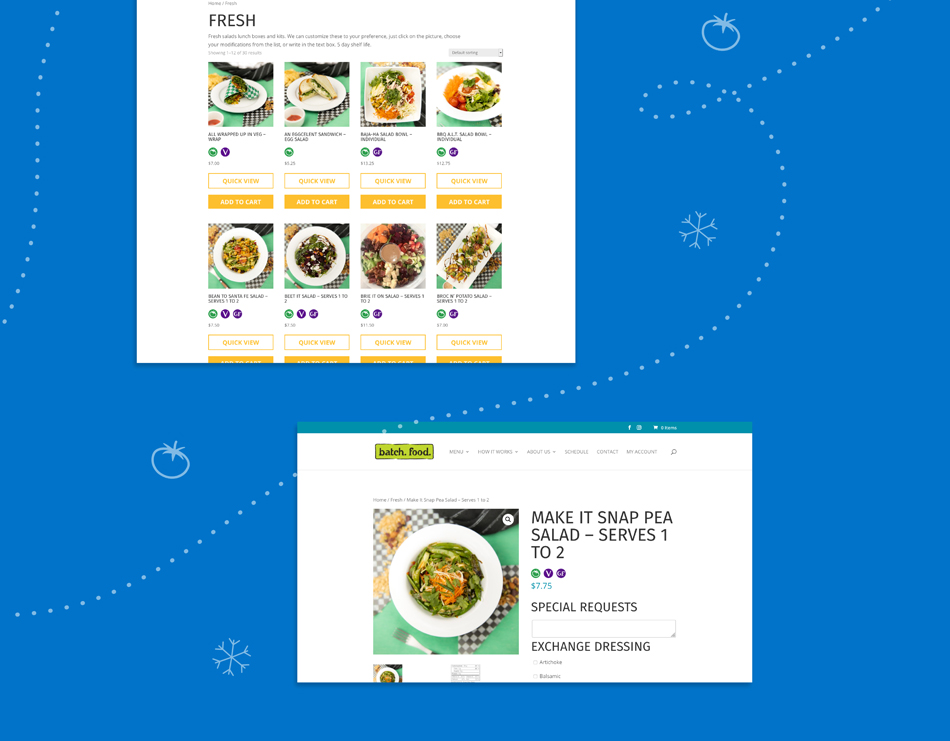 Two screenshots of the Batch website, showing how icons for "Frozen", "Fresh" and special diets like "Vegetarian are used on different web pages. These screenshots show a general menu page and a page for a specific food item. The screenshots sit on a blue background.