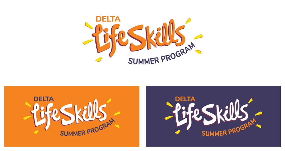 Image shows the new Delta Life Skills logo, including the primary logo and alternatives for darker backgrounds.