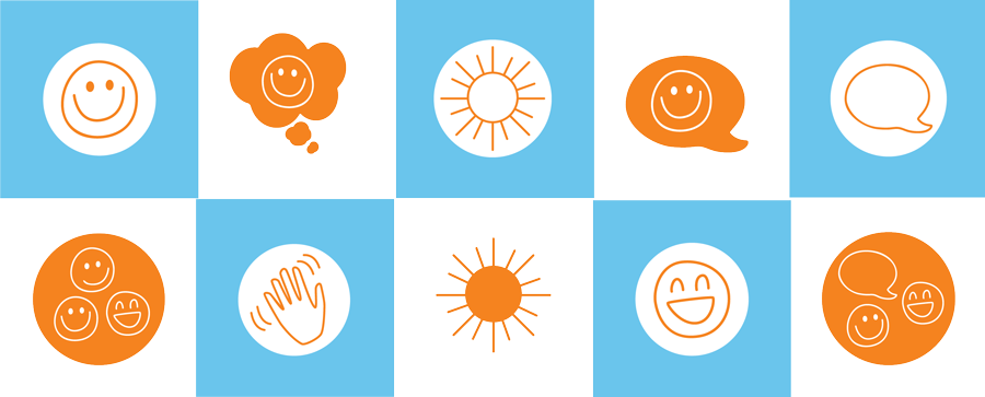 Image depicting brand icons and patterns created for Delta Life Skills rebrand. The icons are of smiling faces, a waving hand, speech bubble and thought bubble. The patterns combine these elements.