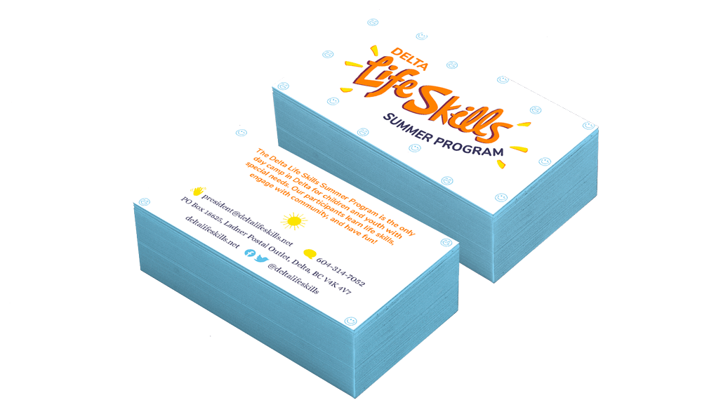 Image of Delta Life Skills business cards. One side shows the logo, with contact info on the other side.