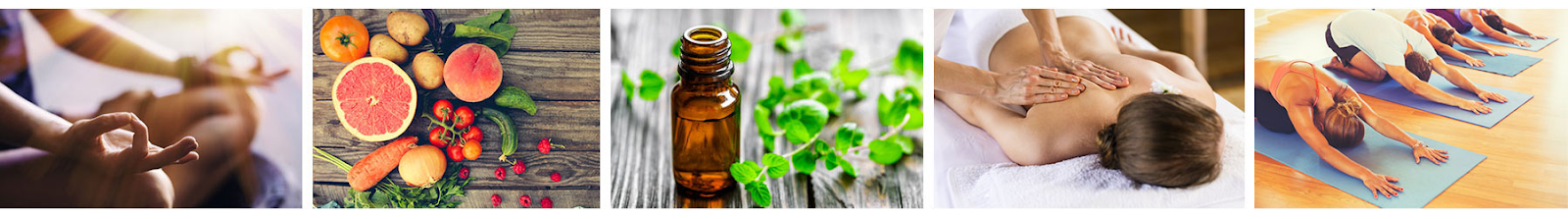 a banner feature various elements of holistic mental health including meditation, nutritious food, essential oils, massage, and yoga