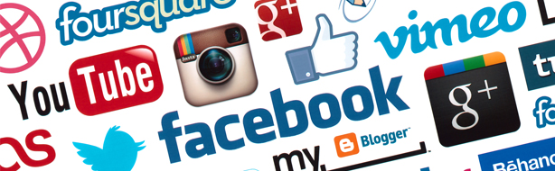 white banner with various social media icons including YouTube, Instagram, Facebook, and Twitter