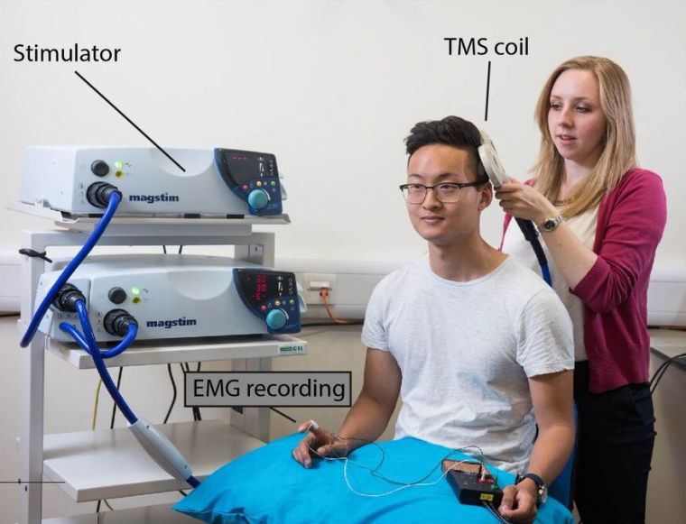 Technicians uses TMS stimulator, coil, and EMG recording to treat patient