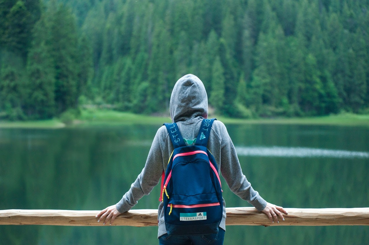 A person stands alone in a hoodie staring out at a lake surrounded by pine trees.