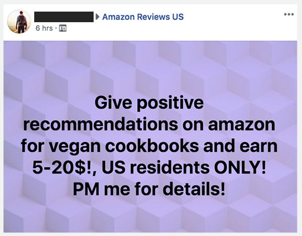 ad on facebook soliciting fake amazon reviews